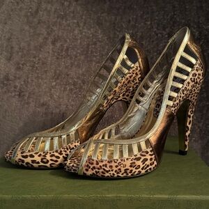 ALDO Metallic Gold Peep-Toe Heels with Leopard